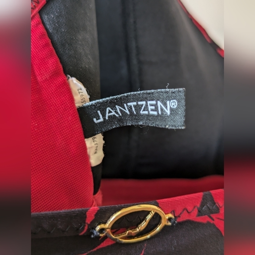 JANTZEN Swim Dress, Red & Black Floral One-Piece, Empire Waist, Size L - Picture 8 of 9